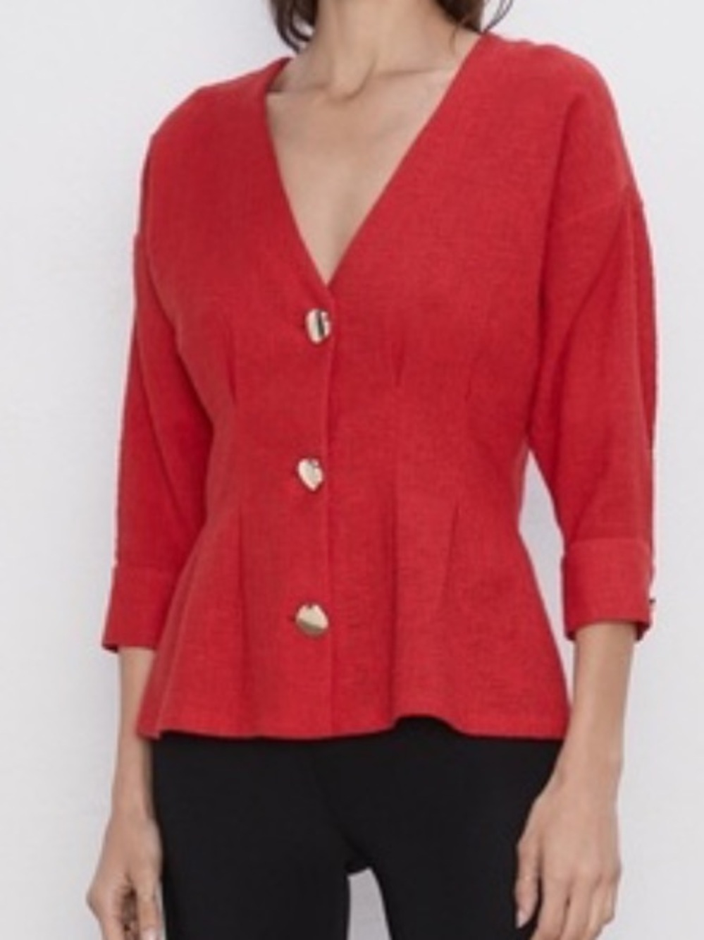 Zara Red V-Neck Button Peplum Shirt with Gold Buttons